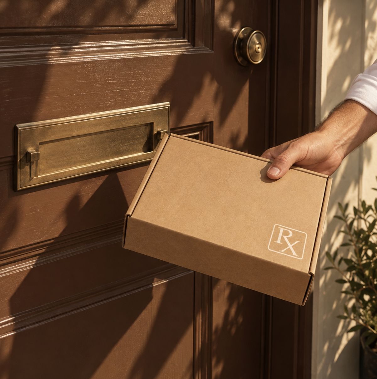 A discreet Rx package being delivered to a front door