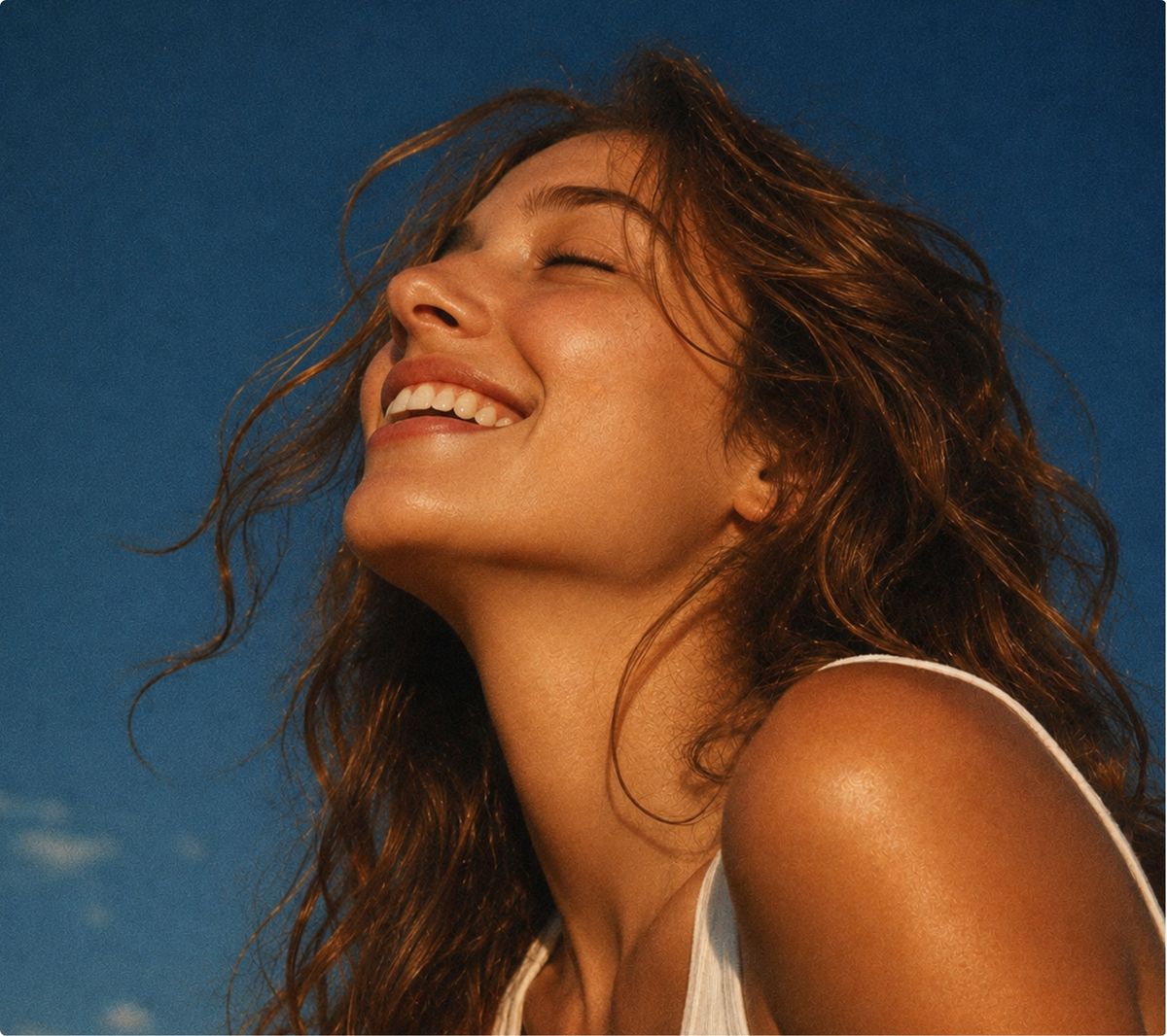 A smiling woman looking up at the sky