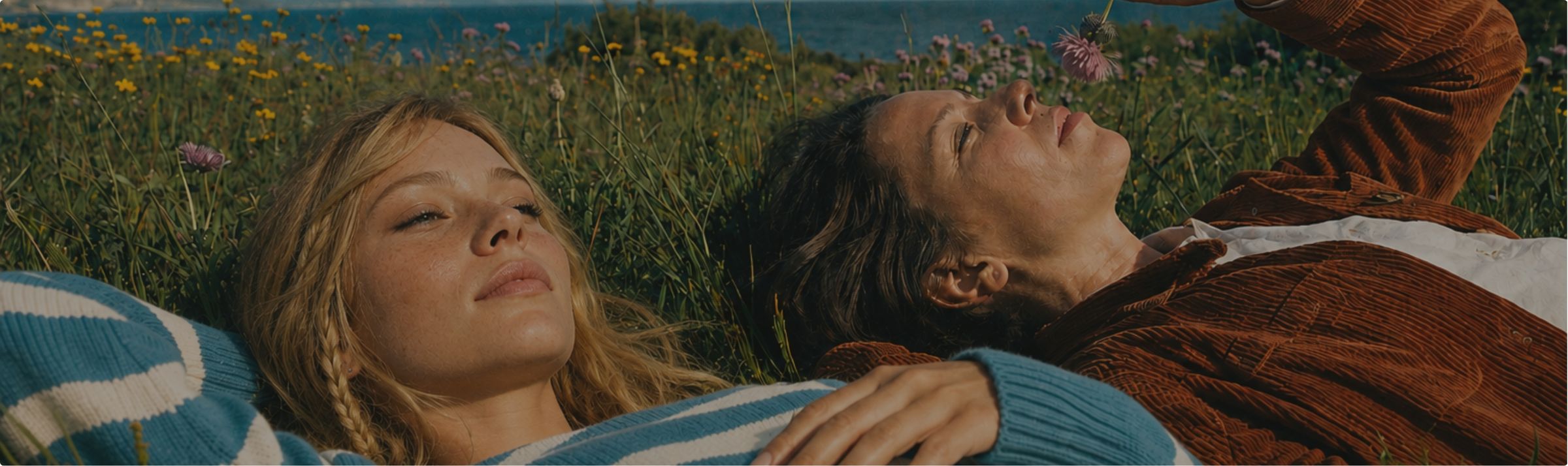 Two women lying in a field of wildflowers by the sea
